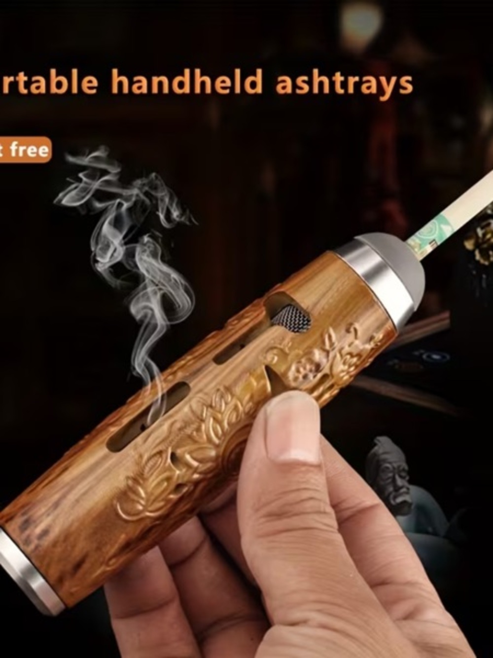 Wood Grain Portable Handheld Ashtray - Brown